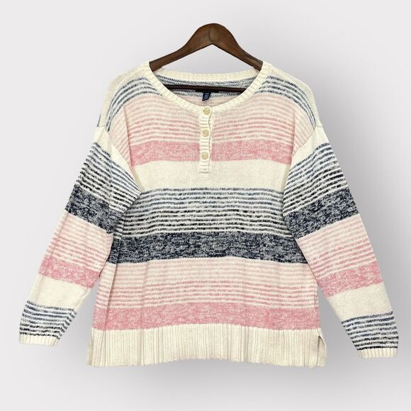 Chaps Button-Front Pullover Sweater Women L Multicolor Striped Knit Linen Cotton - Picture 1 of 16